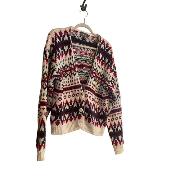 Vintage White Maroon Fair Isle Cardigan Womens Sz Large 80s Cottage Christmas - Picture 4 of 16